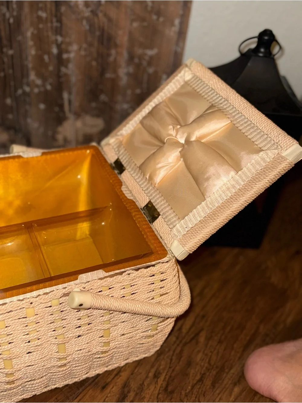 Vintage Woven Wicker Sewing Basket With Dual/Hinged Lid And Cream Tapestry Top